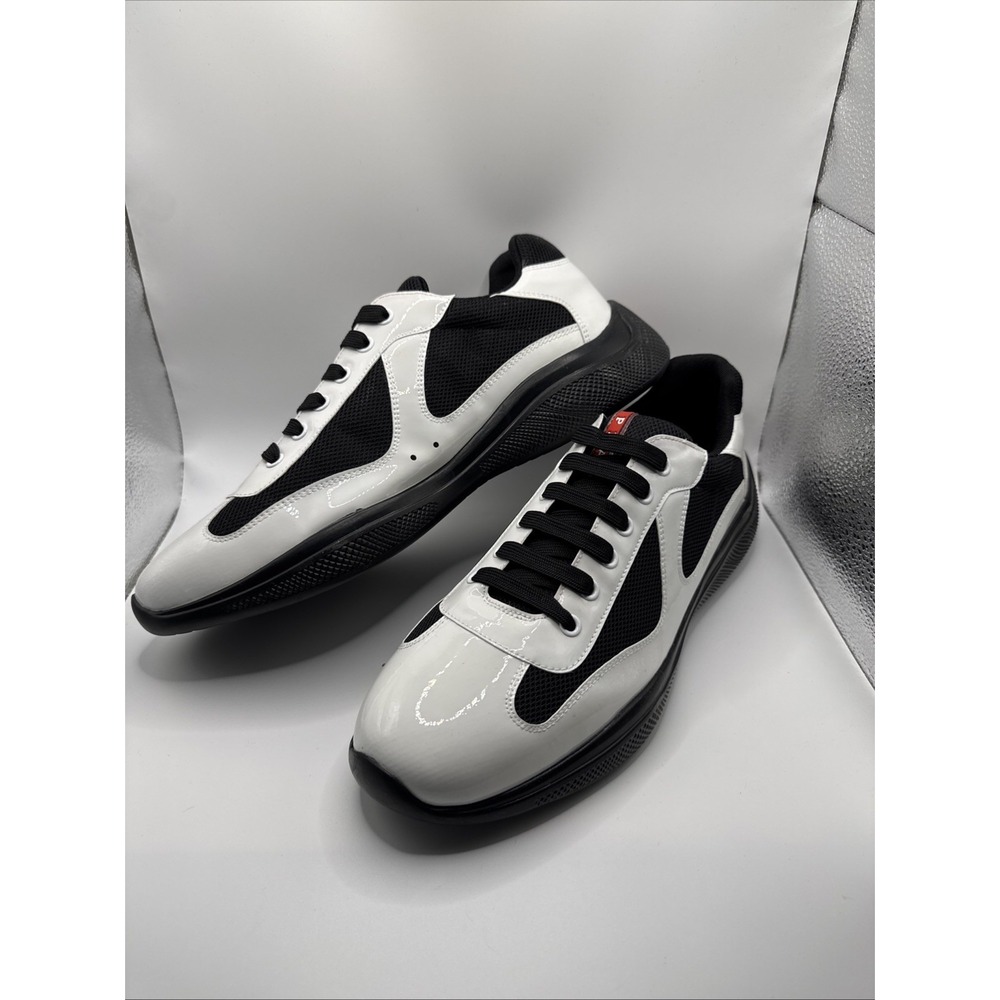 Men's Prada America's Cup White Black Leather Mesh Low Top Casual shoes US12